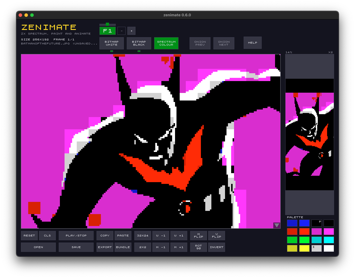 Importing an external image and reducing it to the Spectrum's bitmap-plus-attribute format.
