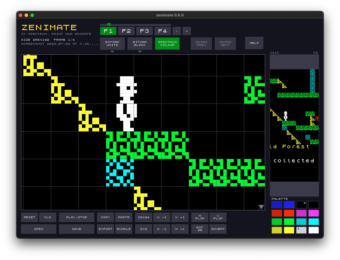 A 4-frame animation under construction, building a platformer scene tile by tile.