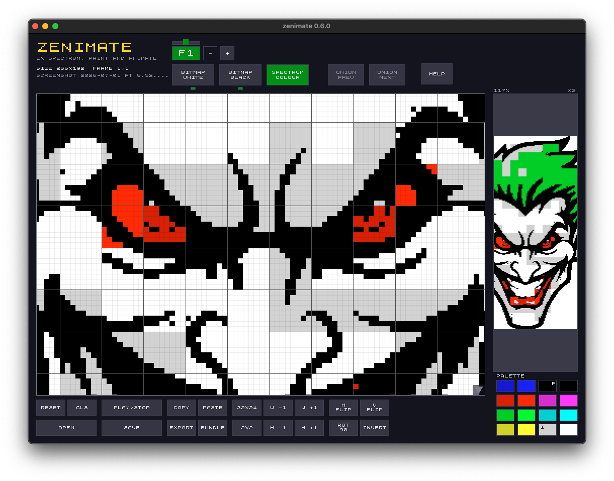 Spectrum colour mode: a monochrome bitmap with per-character-cell colour attributes painted on top, live in the preview panel.