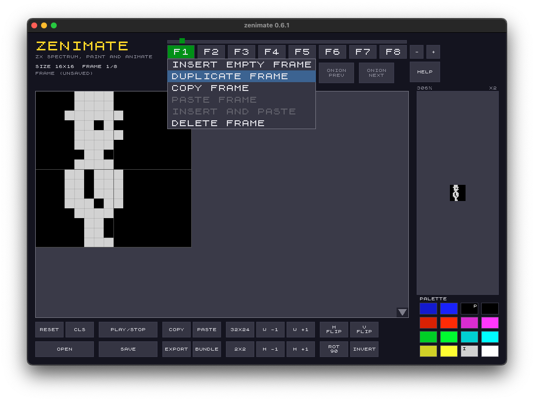 The frame menu — insert, duplicate, copy/paste, delete — editing an 8-frame, 16×16 sprite.