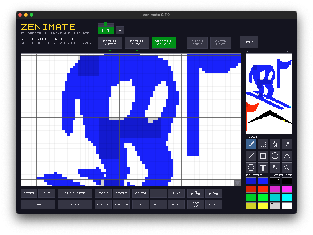 v0.7.0 — the full 12-tool palette: brush, select, fill, eyedropper, line, rectangle, circle, triangle, hexagon, text, pan, and zoom.