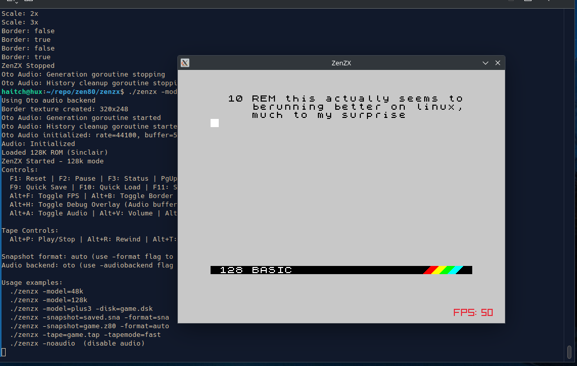 Command-line usage and flags, alongside a 128K BASIC session actually running.