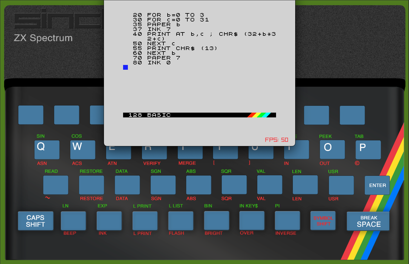 The on-screen Spectrum keyboard, with a short BASIC colour demo running behind it.