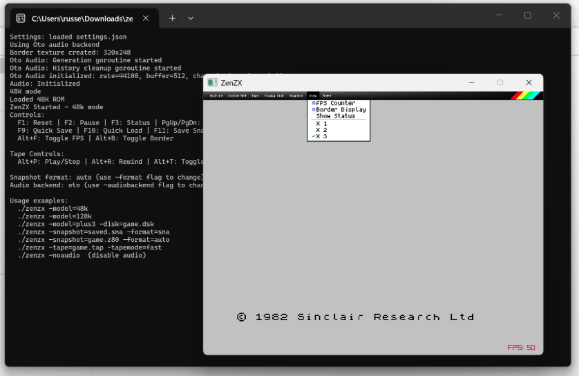 Running on Windows: the console startup log (audio backend, ROM load, controls) behind the emulator window, with the View menu open showing FPS counter, border display, and zoom-level options.